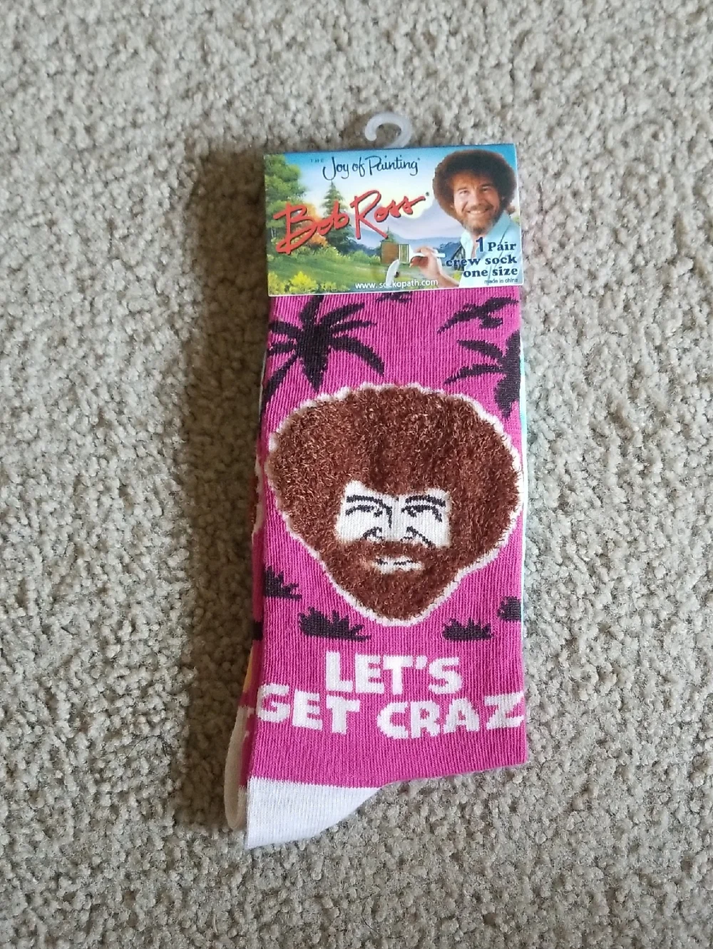 Bob Ross Pink 'Let's Get Crazy' Crew Socks - Picture 1 of 2